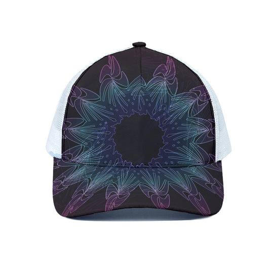 Purple And Teal Dark Mandala Print White Mesh Trucker Cap