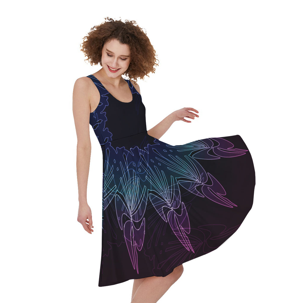 Purple And Teal Dark Mandala Print Women's Sleeveless Dress