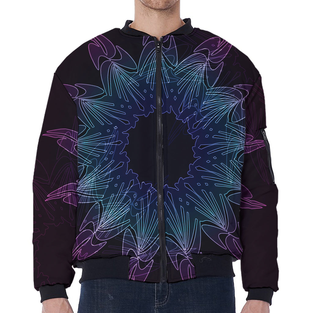 Purple And Teal Dark Mandala Print Zip Sleeve Bomber Jacket