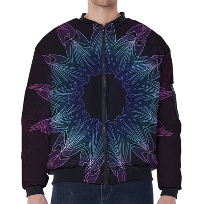 Purple And Teal Dark Mandala Print Zip Sleeve Bomber Jacket
