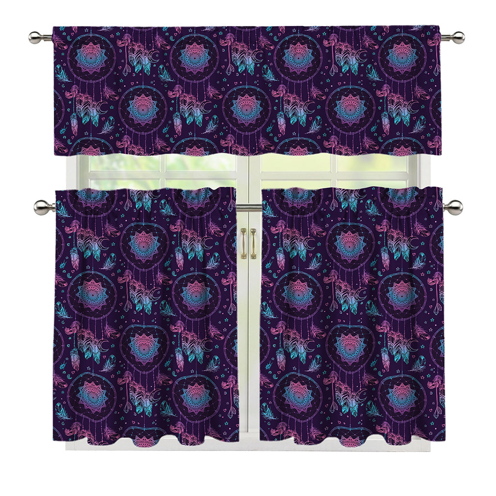Purple And Teal Dream Catcher Print 3 Piece Kitchen Curtains