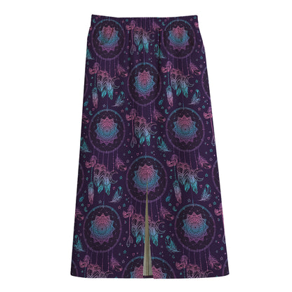 Purple And Teal Dream Catcher Print Cotton Front Slit Maxi Skirt