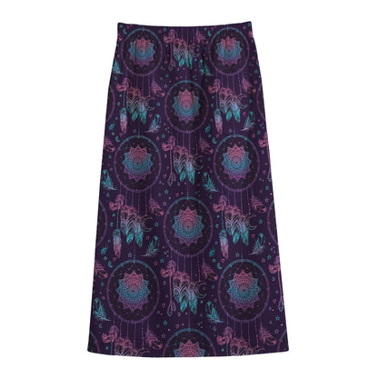 Purple And Teal Dream Catcher Print Cotton Front Slit Maxi Skirt