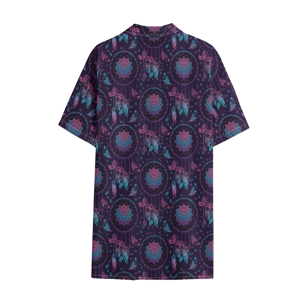 Purple And Teal Dream Catcher Print Cotton Hawaiian Shirt