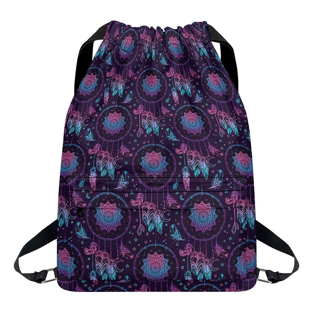 Purple And Teal Dream Catcher Print Drawstring Backpack