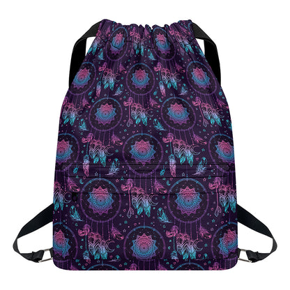 Purple And Teal Dream Catcher Print Drawstring Backpack