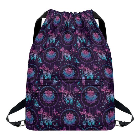 Purple And Teal Dream Catcher Print Drawstring Backpack
