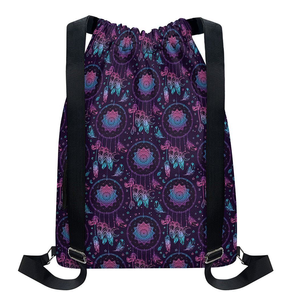 Purple And Teal Dream Catcher Print Drawstring Backpack