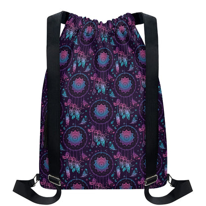 Purple And Teal Dream Catcher Print Drawstring Backpack