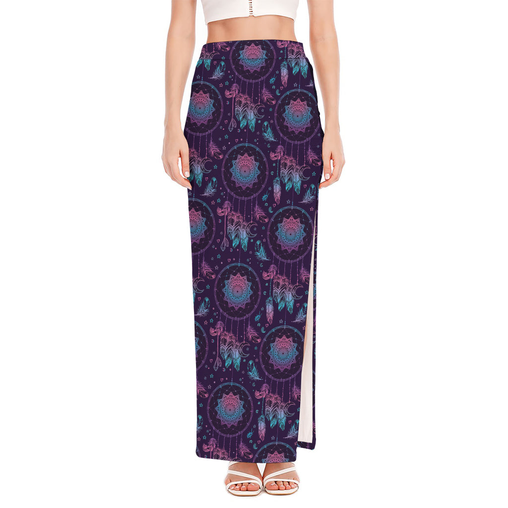 Purple And Teal Dream Catcher Print High Slit Maxi Skirt