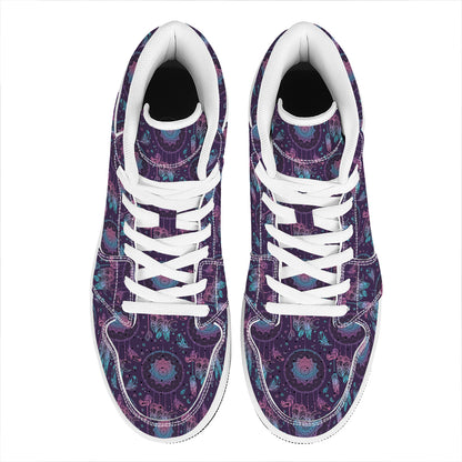 Purple And Teal Dream Catcher Print High Top Leather Sneakers