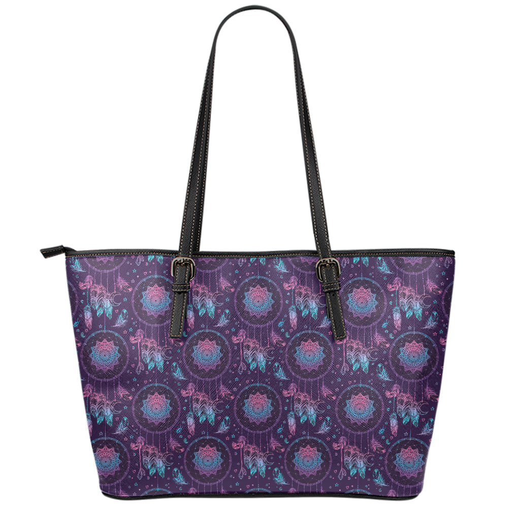 Purple And Teal Dream Catcher Print Leather Tote Bag