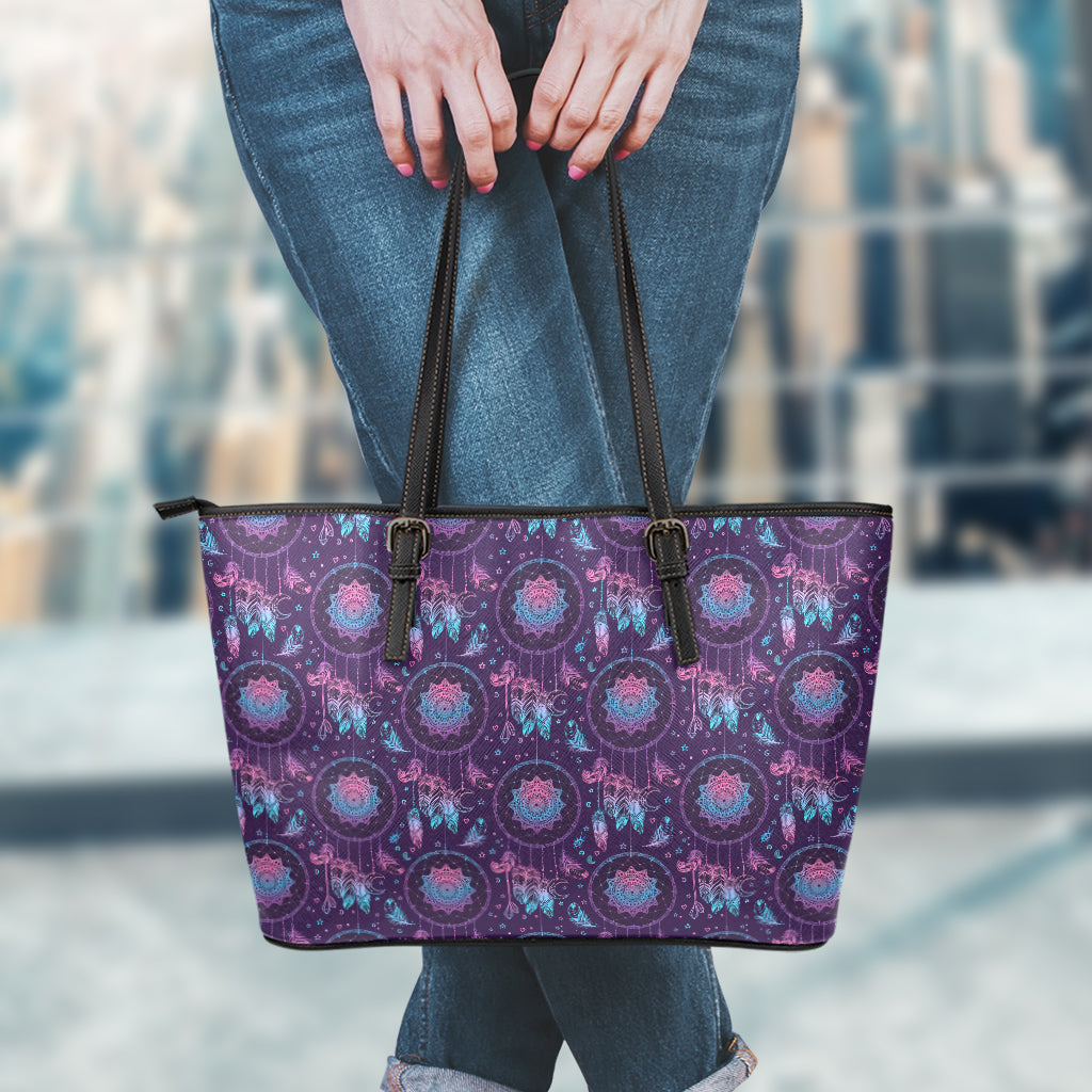 Purple And Teal Dream Catcher Print Leather Tote Bag