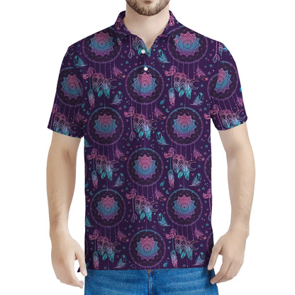 Purple And Teal Dream Catcher Print Men's Polo Shirt