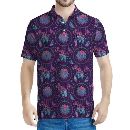 Purple And Teal Dream Catcher Print Men's Polo Shirt