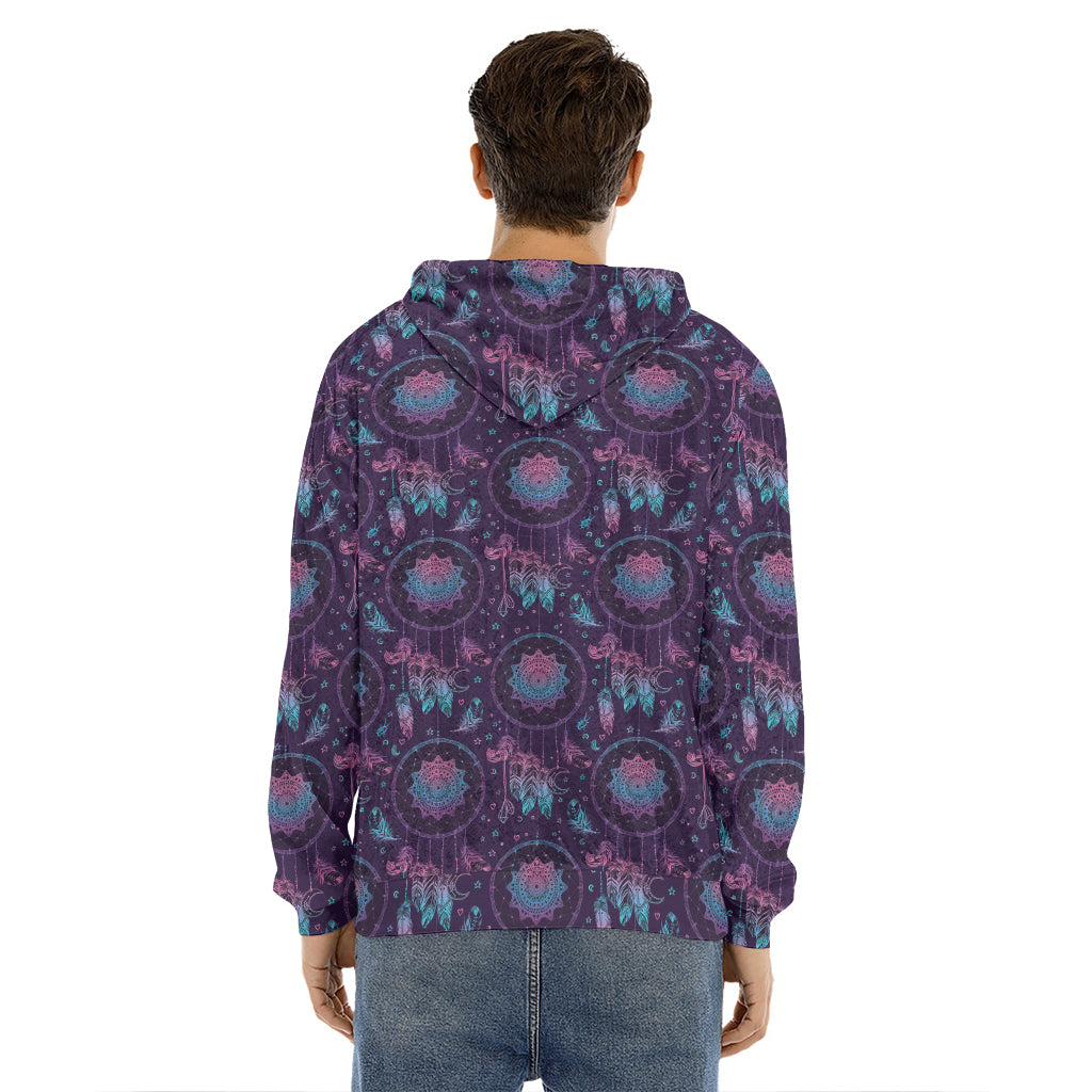 Purple And Teal Dream Catcher Print Men's Velvet Pullover Hoodie