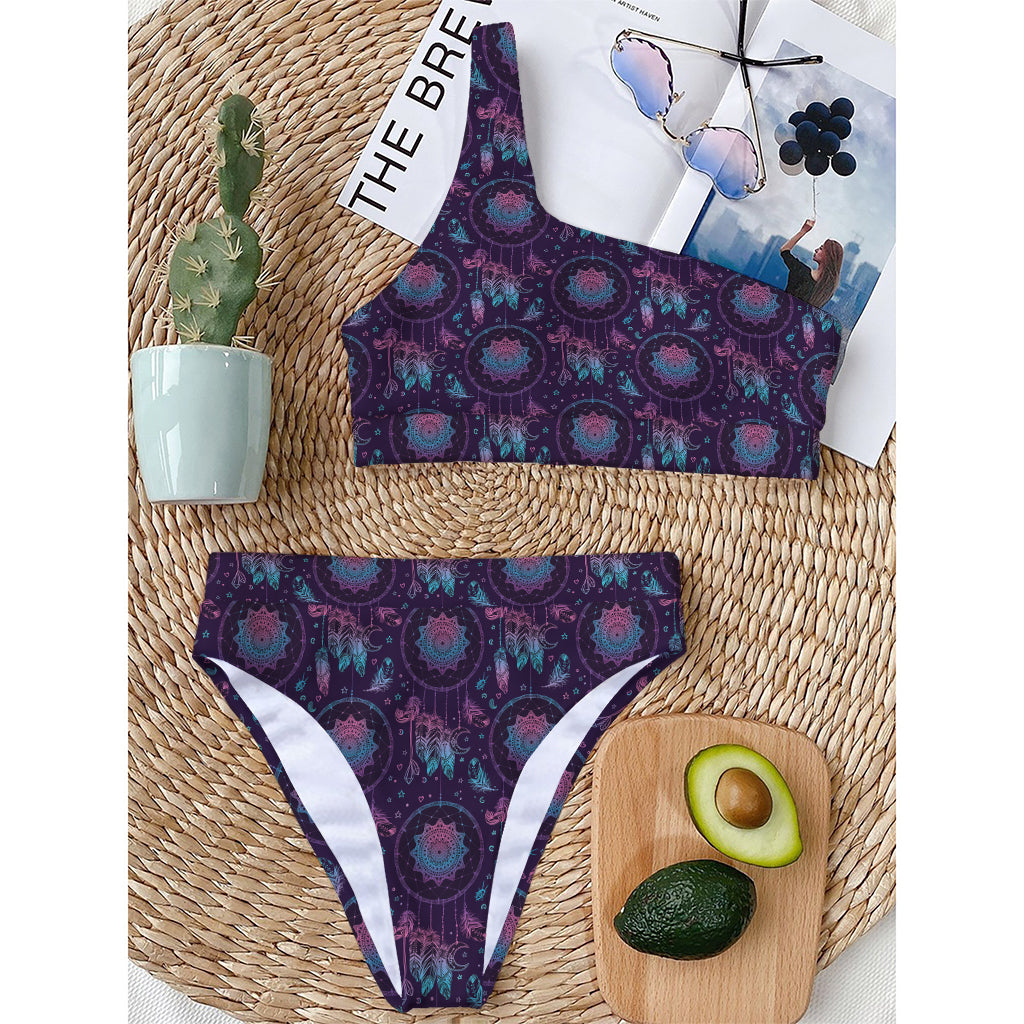 Purple And Teal Dream Catcher Print One Shoulder Bikini Top