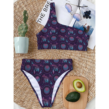 Purple And Teal Dream Catcher Print One Shoulder Bikini Top