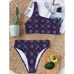 Purple And Teal Dream Catcher Print One Shoulder Bikini Top
