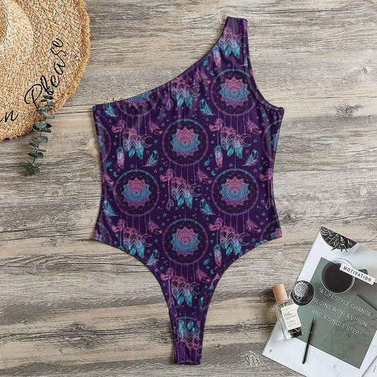 Purple And Teal Dream Catcher Print One Shoulder Bodysuit