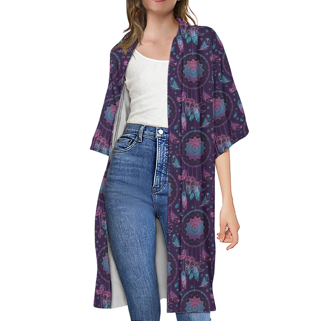 Purple And Teal Dream Catcher Print Open Front Beach Cover Up