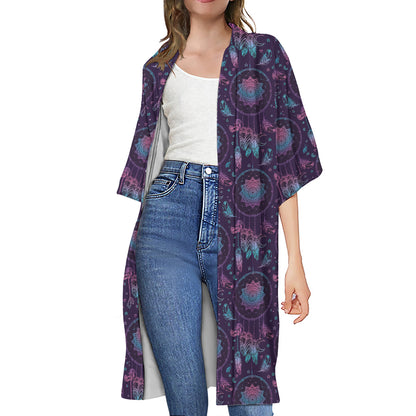 Purple And Teal Dream Catcher Print Open Front Beach Cover Up