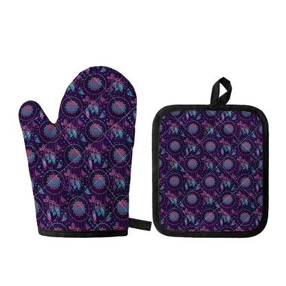 Purple And Teal Dream Catcher Print Oven Mitt And Pot Holder Set
