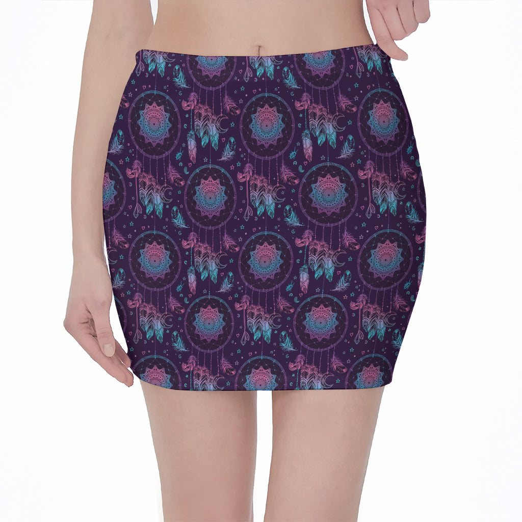 Purple And Teal Dream Catcher Print Pencil Mini Skirt