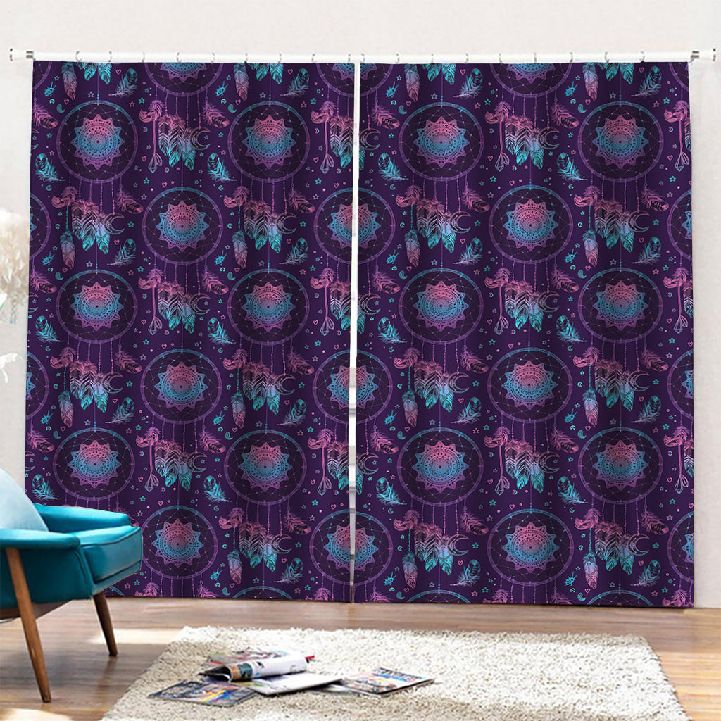 Purple And Teal Dream Catcher Print Pencil Pleat Curtains