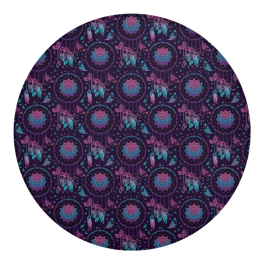 Purple And Teal Dream Catcher Print Round Blanket