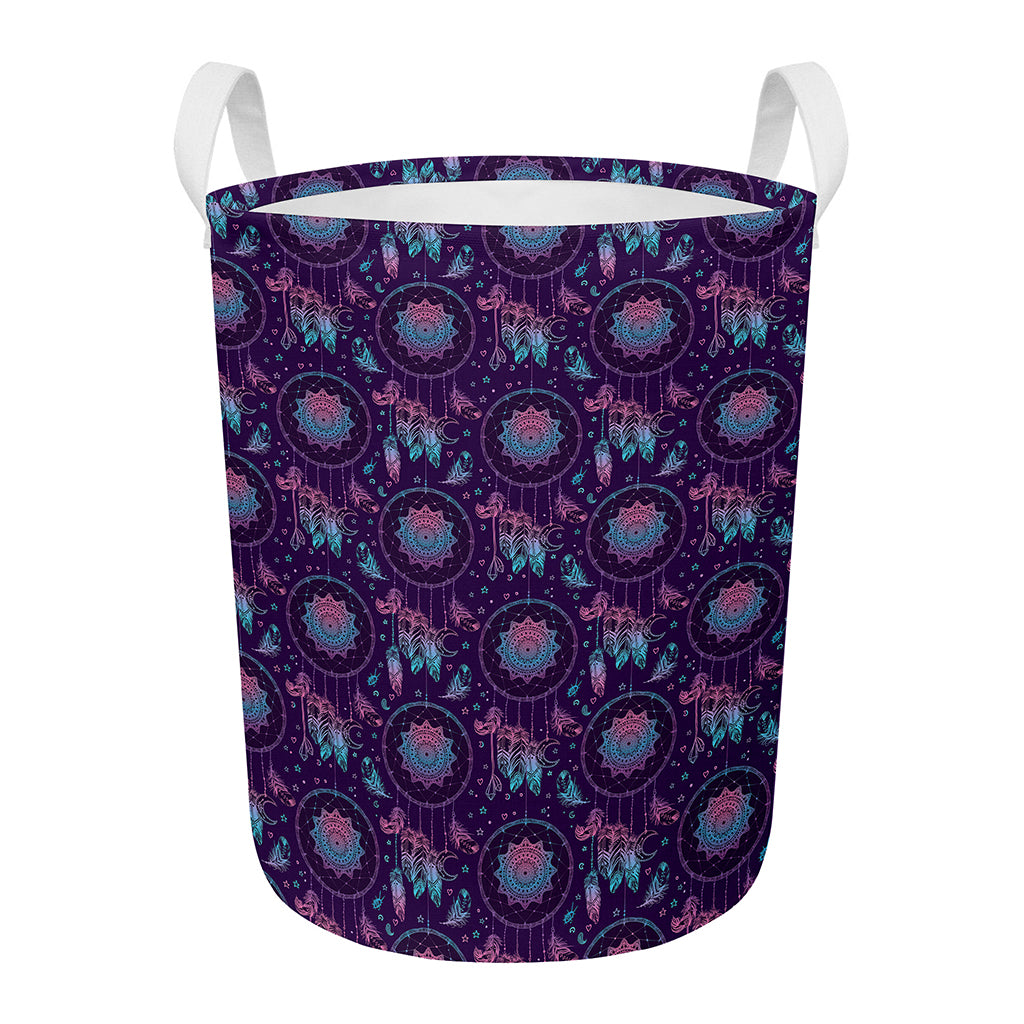 Purple And Teal Dream Catcher Print Round Laundry Basket