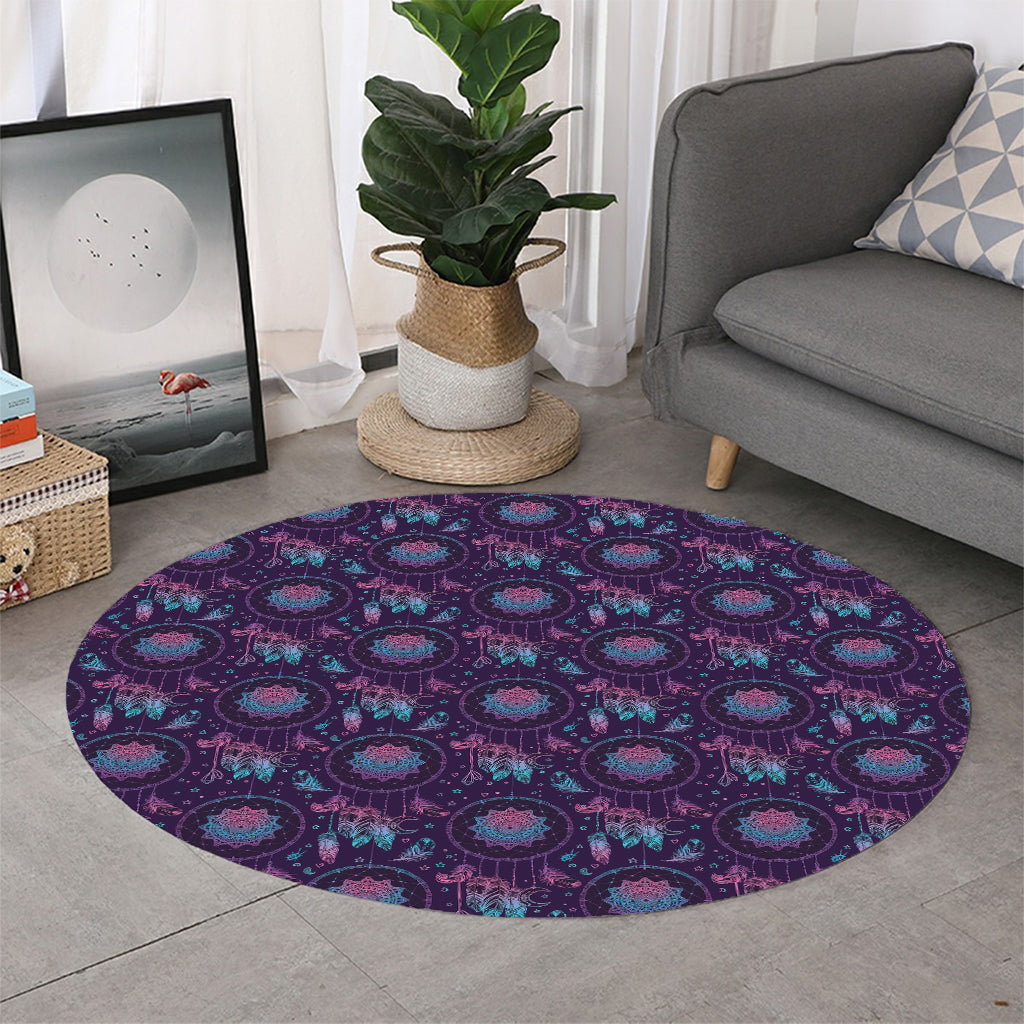 Purple And Teal Dream Catcher Print Round Rug