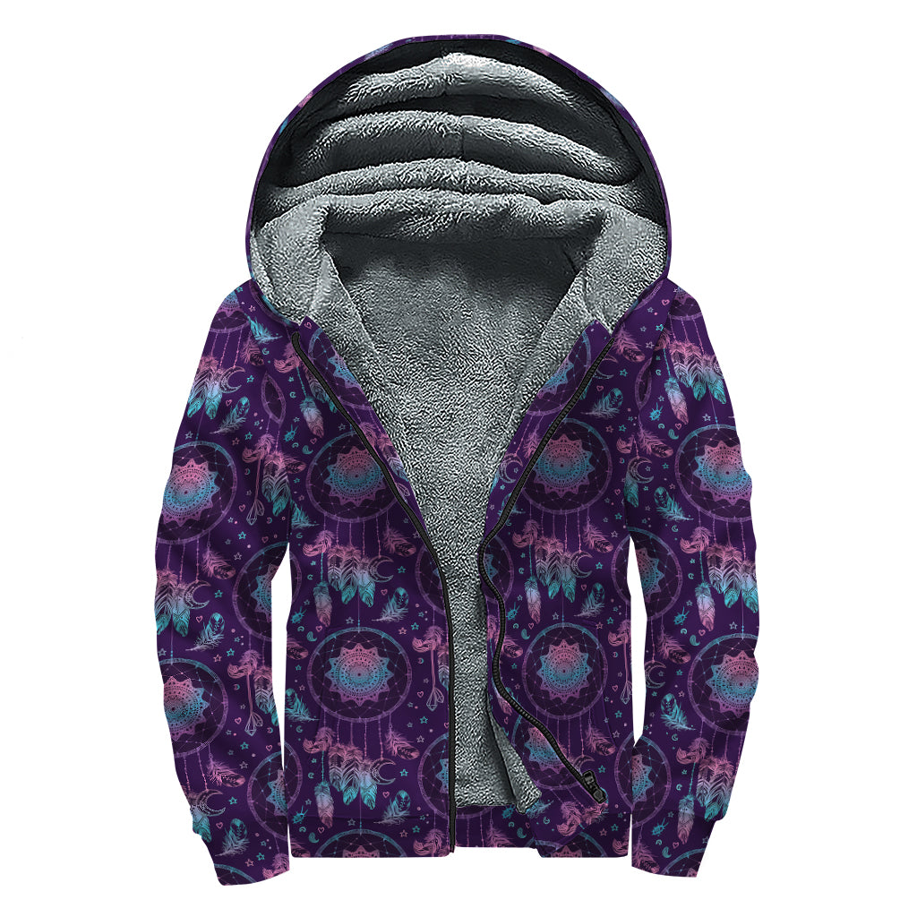 Purple And Teal Dream Catcher Print Sherpa Lined Zip Up Hoodie