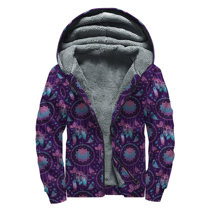 Purple And Teal Dream Catcher Print Sherpa Lined Zip Up Hoodie