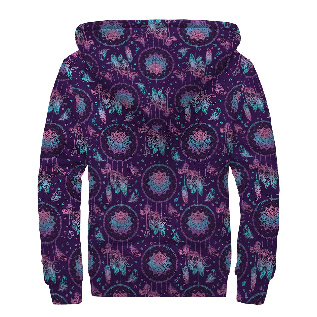 Purple And Teal Dream Catcher Print Sherpa Lined Zip Up Hoodie