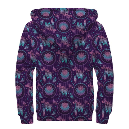 Purple And Teal Dream Catcher Print Sherpa Lined Zip Up Hoodie