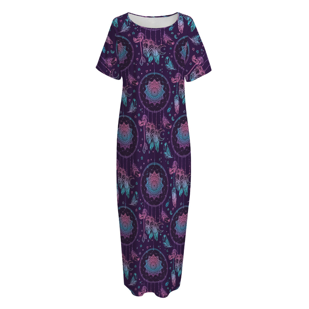 Purple And Teal Dream Catcher Print Short Sleeve Long Nightdress