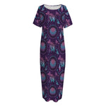 Purple And Teal Dream Catcher Print Short Sleeve Long Nightdress