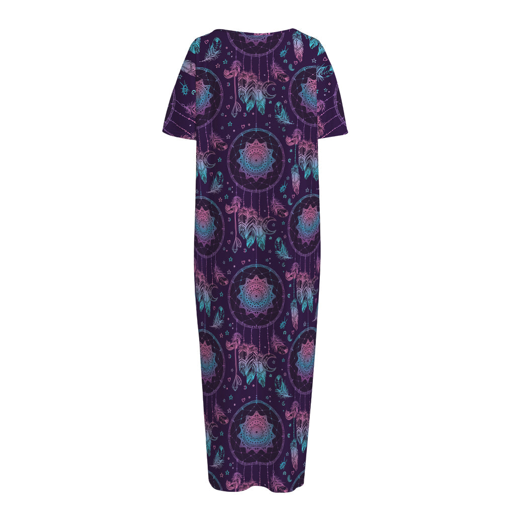 Purple And Teal Dream Catcher Print Short Sleeve Long Nightdress