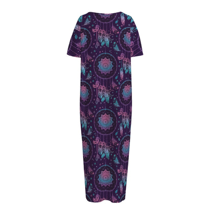 Purple And Teal Dream Catcher Print Short Sleeve Long Nightdress