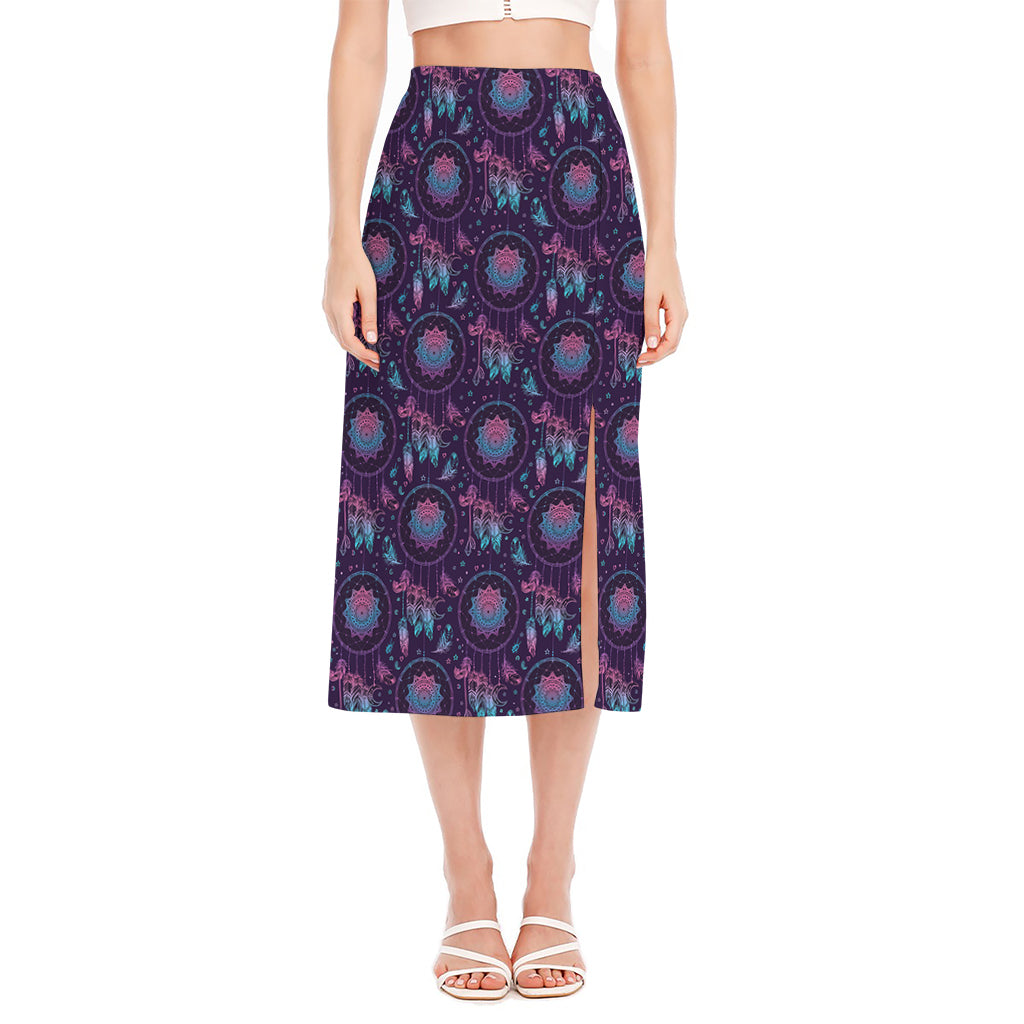 Purple And Teal Dream Catcher Print Side Slit Midi Skirt