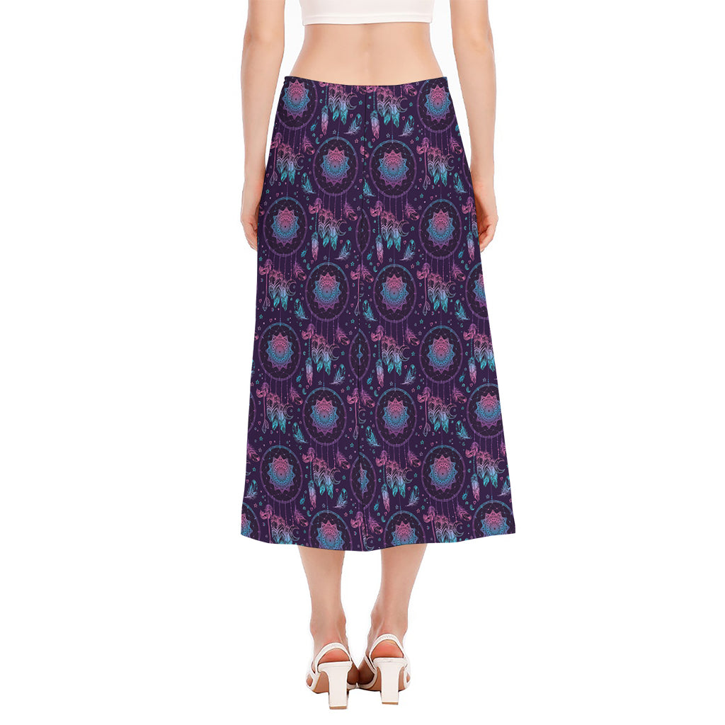 Purple And Teal Dream Catcher Print Side Slit Midi Skirt
