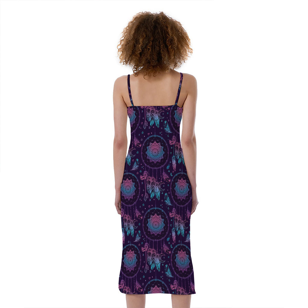Purple And Teal Dream Catcher Print Slim Fit Midi Cami Dress