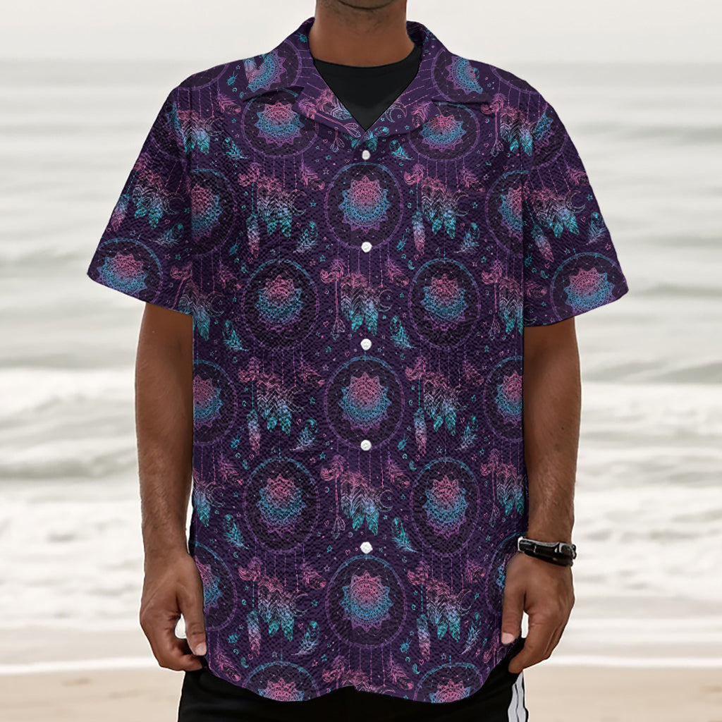 Purple And Teal Dream Catcher Print Textured Short Sleeve Shirt