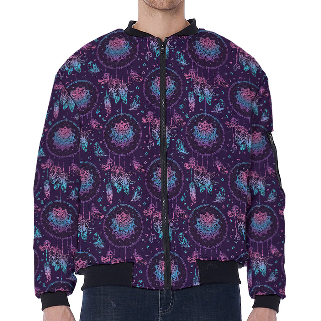 Purple And Teal Dream Catcher Print Zip Sleeve Bomber Jacket