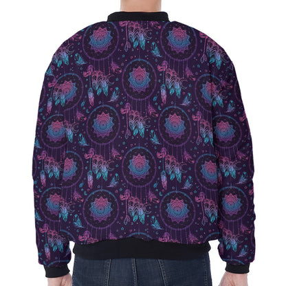 Purple And Teal Dream Catcher Print Zip Sleeve Bomber Jacket