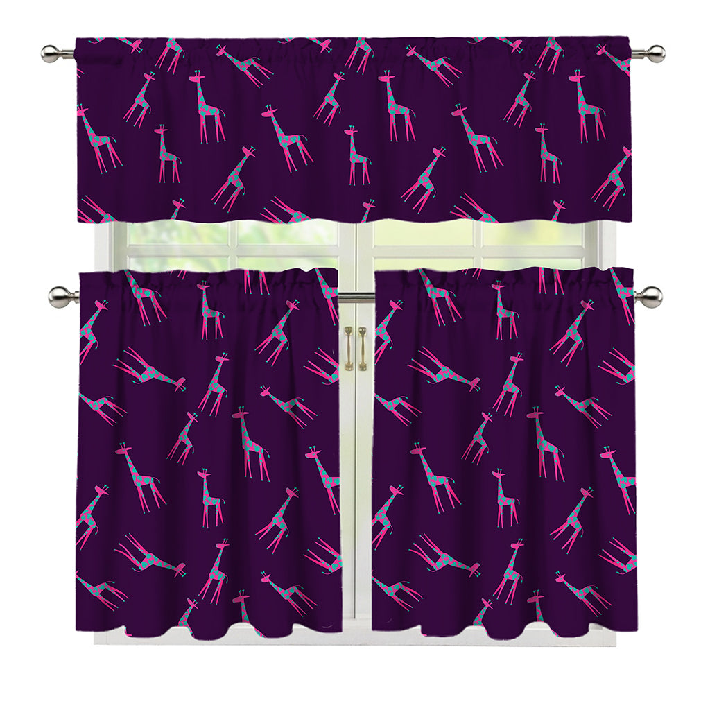 Purple And Teal Giraffe Pattern Print 3 Piece Kitchen Curtains