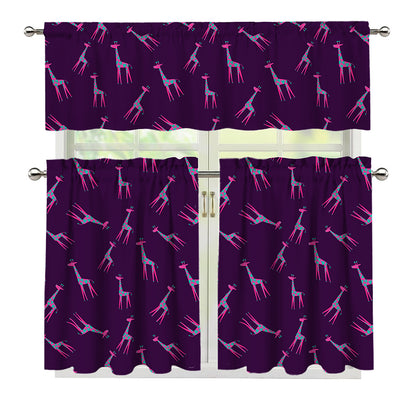 Purple And Teal Giraffe Pattern Print 3 Piece Kitchen Curtains