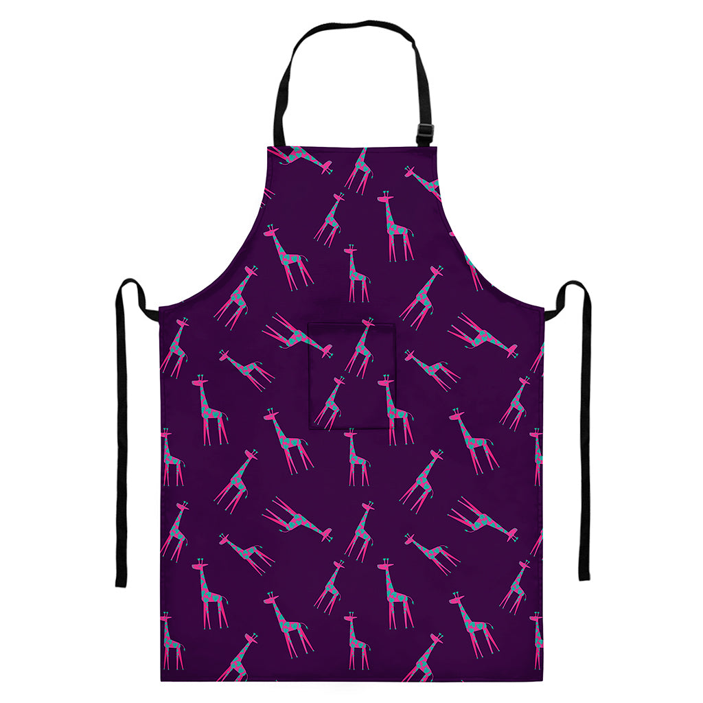 Purple And Teal Giraffe Pattern Print Bib Apron With Pocket
