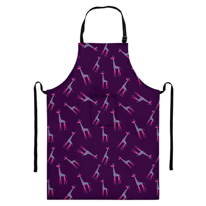 Purple And Teal Giraffe Pattern Print Bib Apron With Pocket